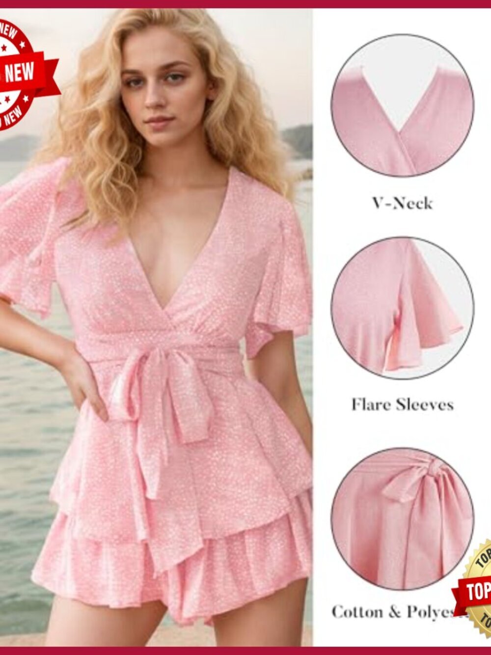 Large Floral Print Romper V-Neck Ruffle Hem Waist Tie Short Sleeve - Picture 3 of 4